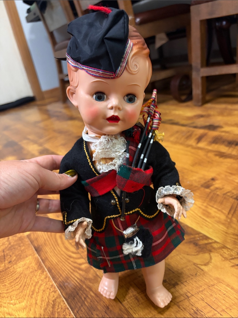 Vintage Scottish Bagpiper Doll in Black & Red Tartan